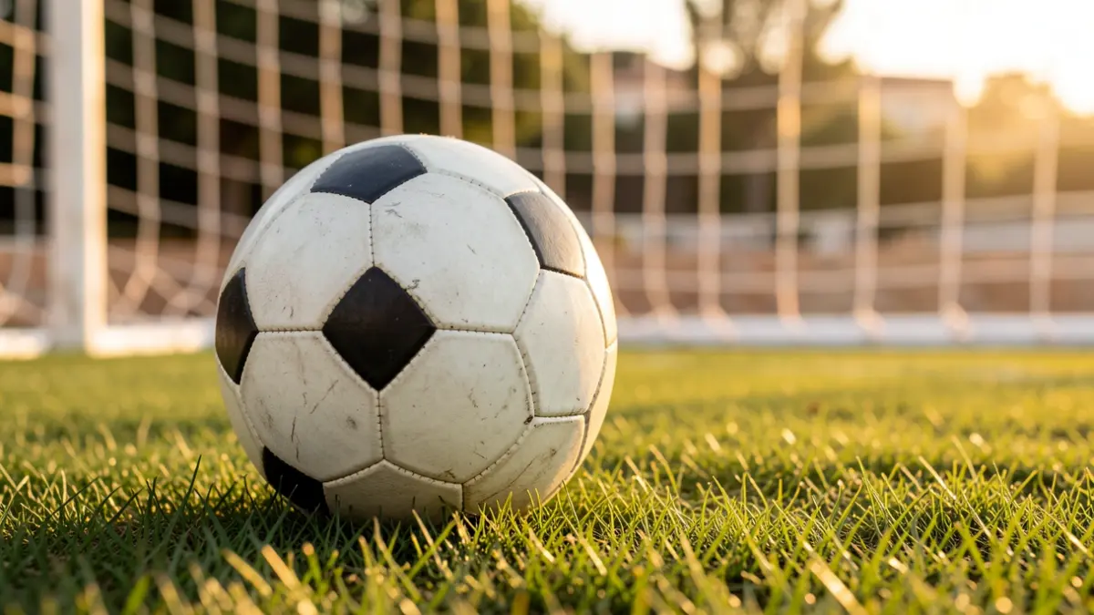 Imagen genérica de un balón de fútbol sobre el césped con una portería desenfocada al fondo.