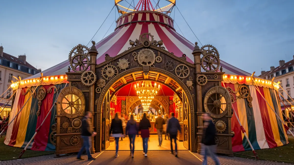 Image of the Cirque du Soleil Big Top with steampunk details illuminated at dusk.
