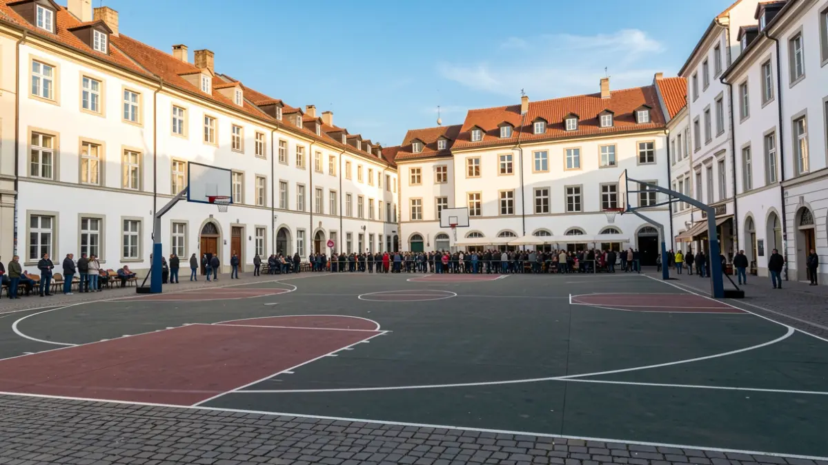 Imagen genérica de una cancha de baloncesto en una plaza de pueblo andaluz.