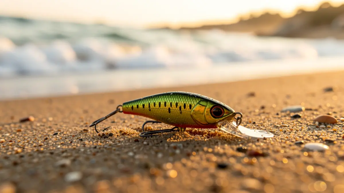 Primer plano de un señuelo de pesca sobre arena mojada con el mar al fondo.