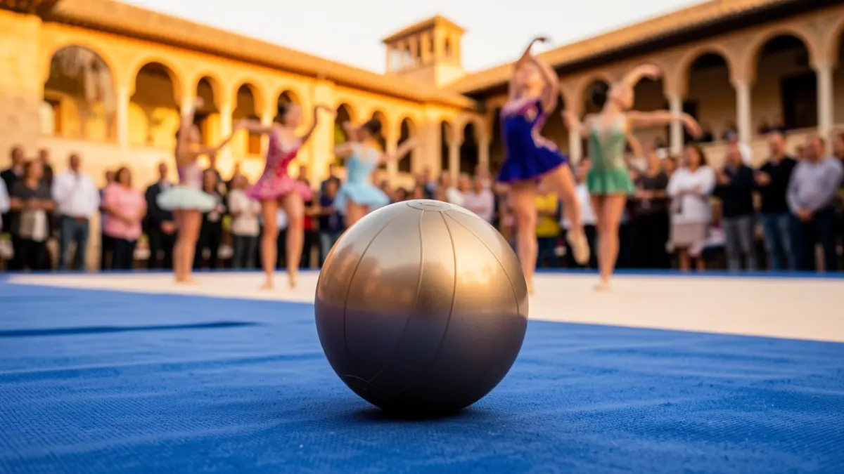 Imagen genérica de una pelota de gimnasia rítmica sobre una alfombra azul con gimnastas desenfocadas al fondo.
