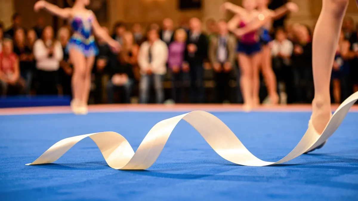 Close-up of a rhythmic gymnastics ribbon on a blue mat, with blurred gymnasts in the background.