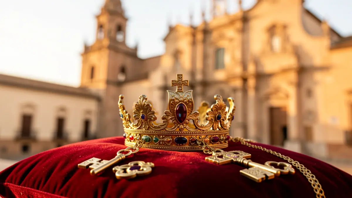Tiara papal y llaves de San Pedro sobre un cojín de terciopelo, con el fondo difuminado de una iglesia histórica andaluza.