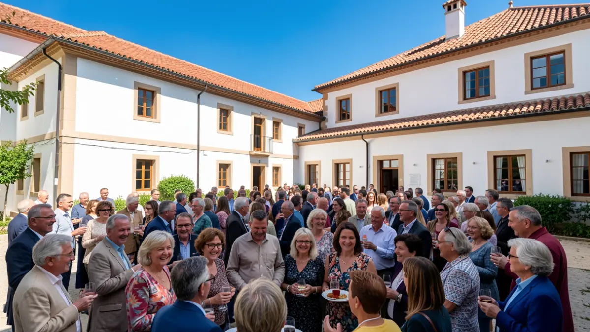 Imagen genérica de la fachada de un colegio español con gente reunida en un día soleado.