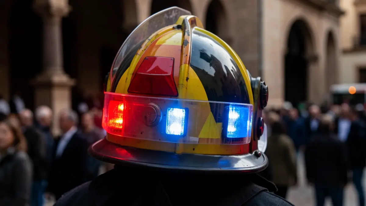 Image of a firefighter's helmet with emergency lights reflected.