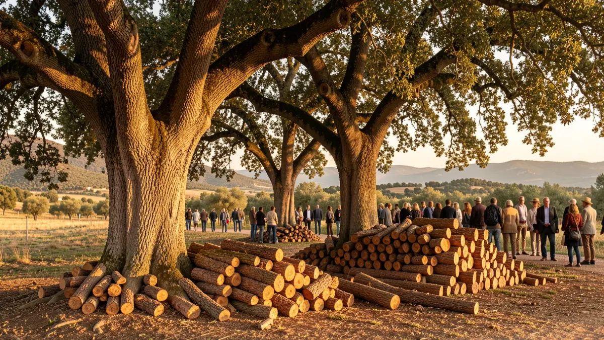 Cork oak trees in Sierra Morena with stacked cork, afternoon light.