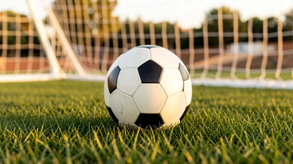 Generic image of a soccer ball on grass with the goal blurred in the background.