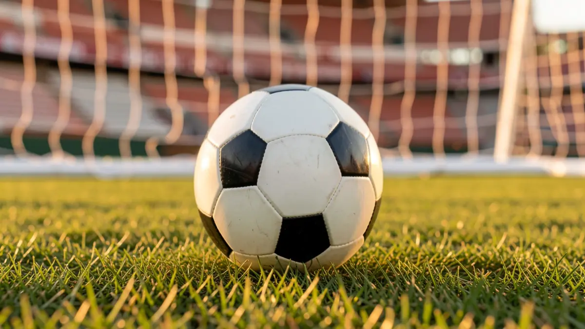 Generic image of a soccer ball on grass in a stadium.