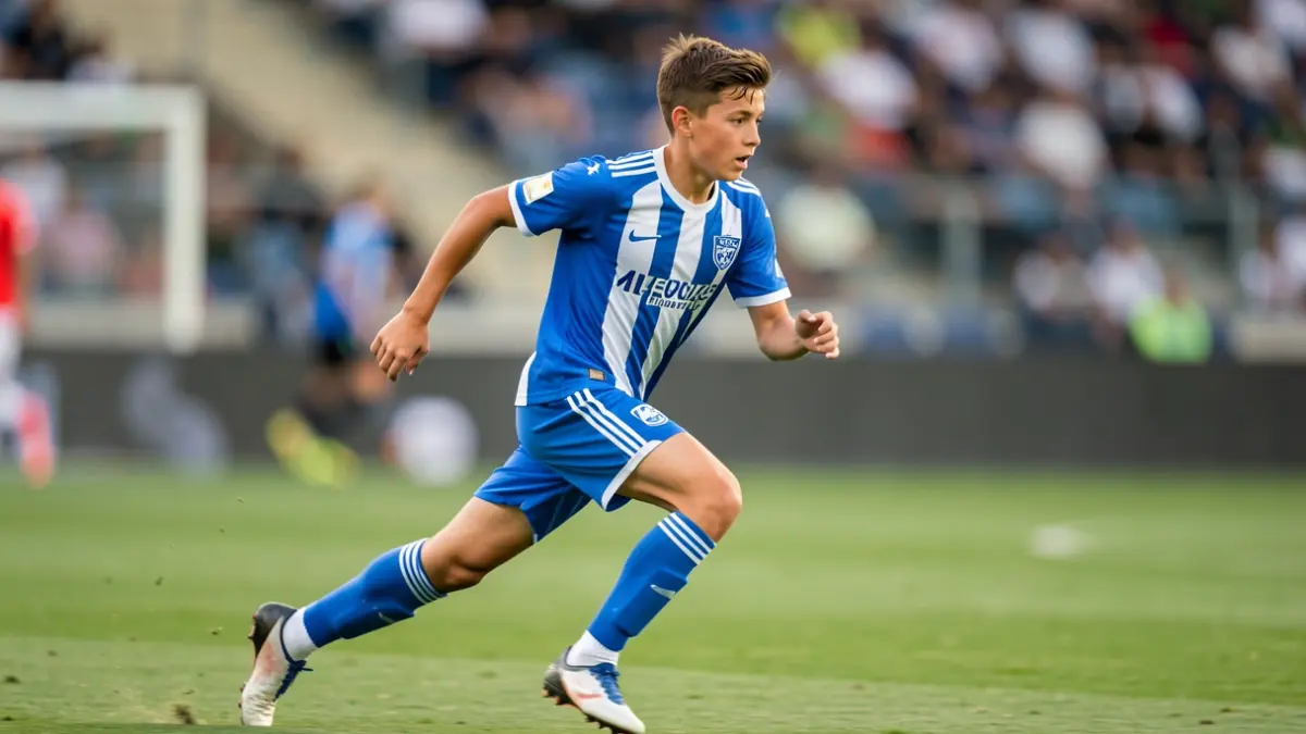 Young football player running down the wing in a stadium.