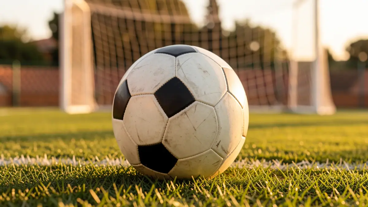 Imagen genérica de un balón de fútbol sobre césped con la portería desenfocada.
