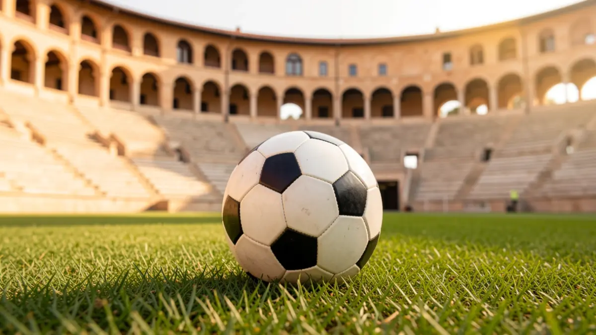 Generic image of a soccer ball on the grass of an empty stadium.