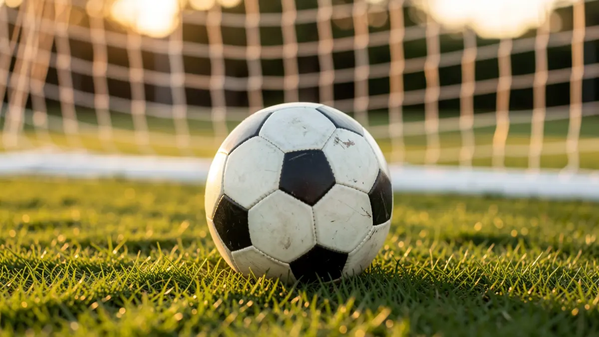 Imagen genérica de un balón de fútbol sobre césped con la portería desenfocada.