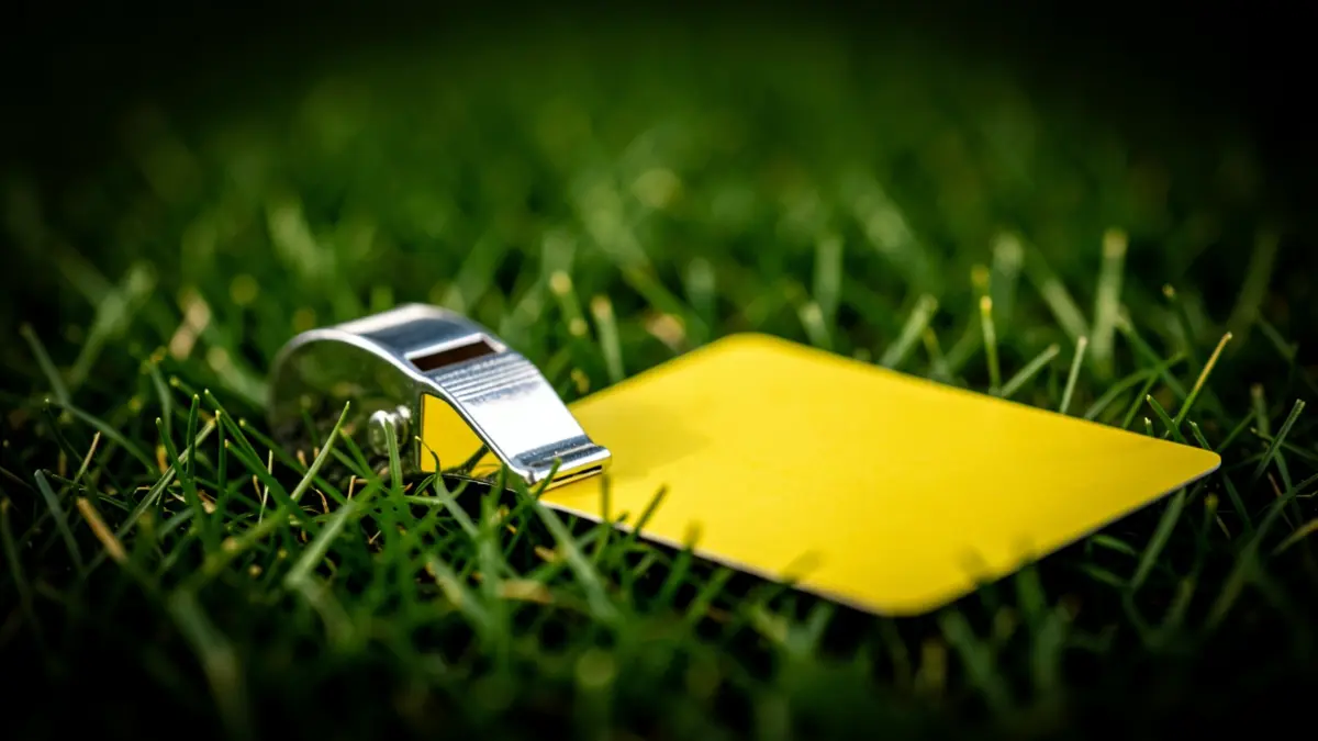 Close-up of a soccer referee's whistle and a yellow card on grass.