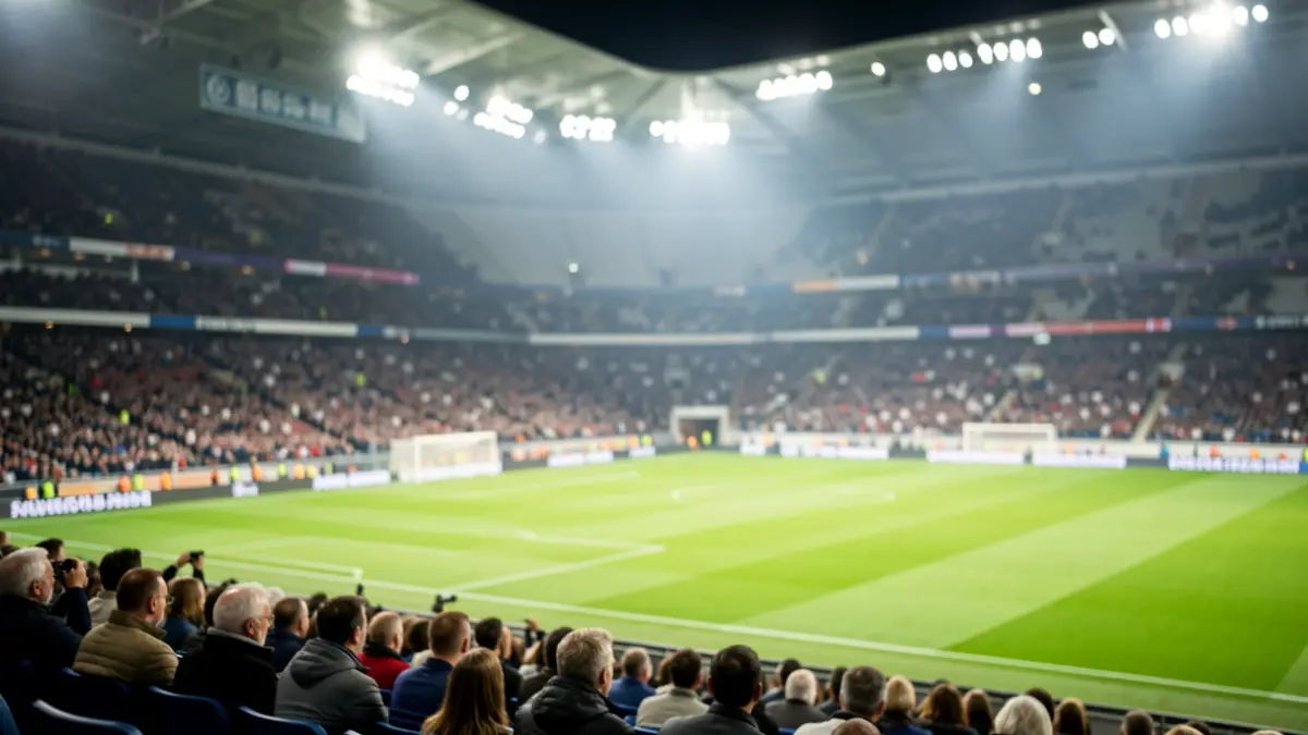 Generic image of an empty football stadium with lights on.