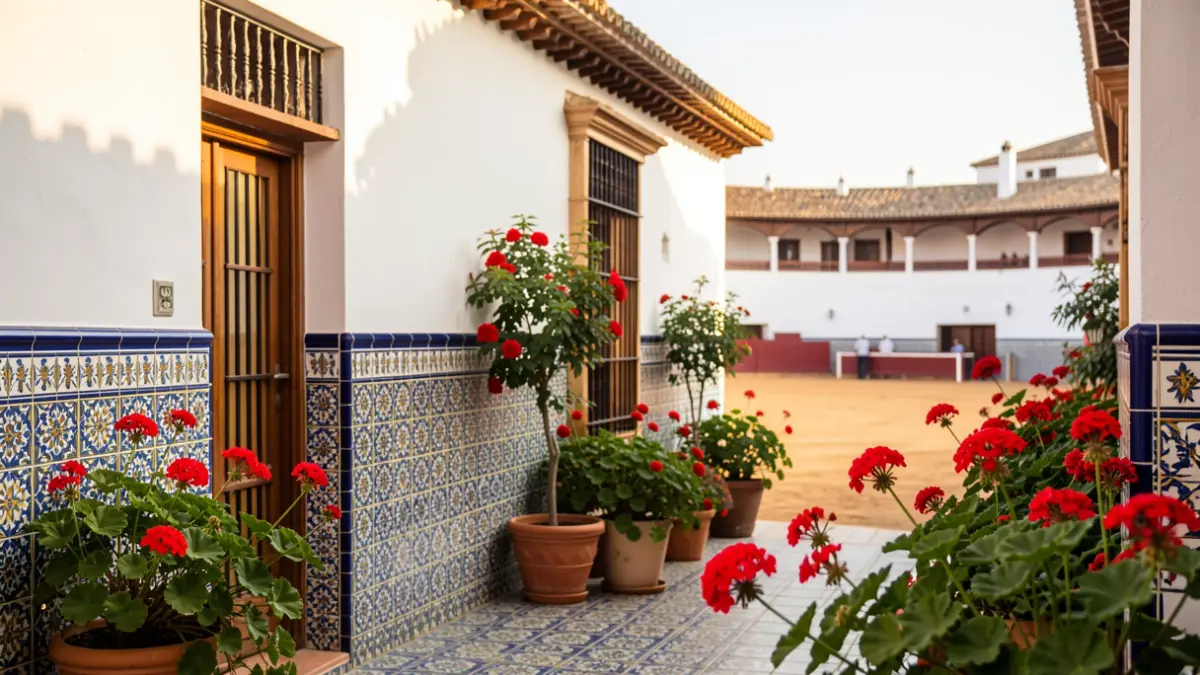 Patio andaluz tradicional con azulejos y geranios, con una plaza de toros al fondo.