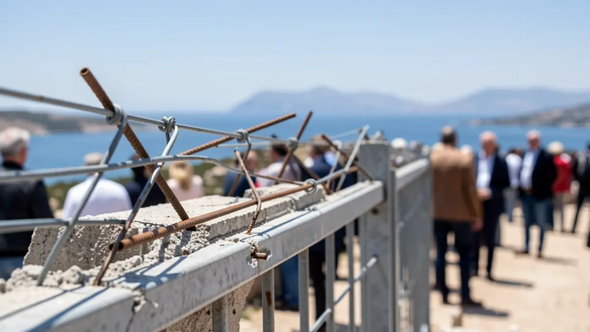 Imagen de cerca de una sección de una valla fronteriza metálica desmantelada, con barras de refuerzo y hormigón expuestos, y un paisaje mediterráneo borroso al fondo bajo un cielo brillante y despejado.