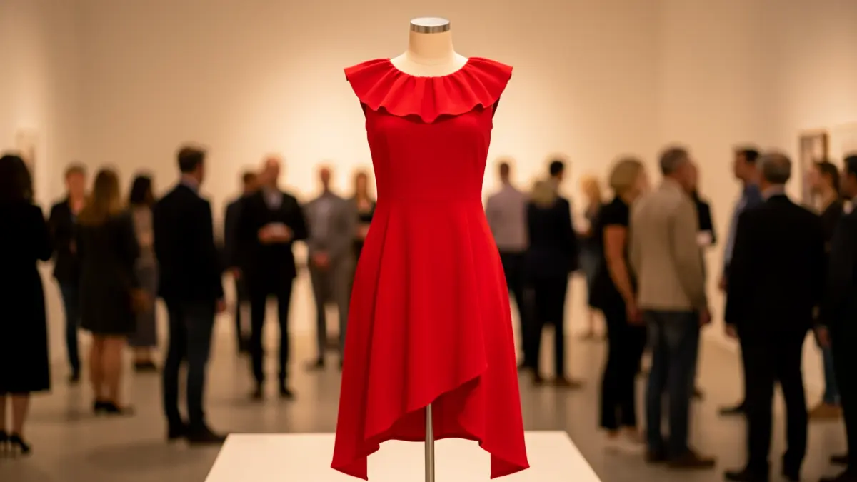 Vestido rojo de diseño minimalista con escote fruncido y bajo asimétrico.