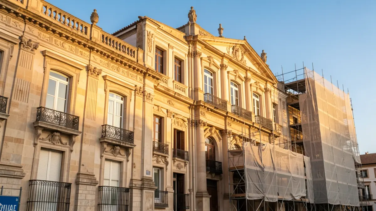 Facade of the former Bank of Spain in Huelva, a historic building with classical architecture undergoing renovation.