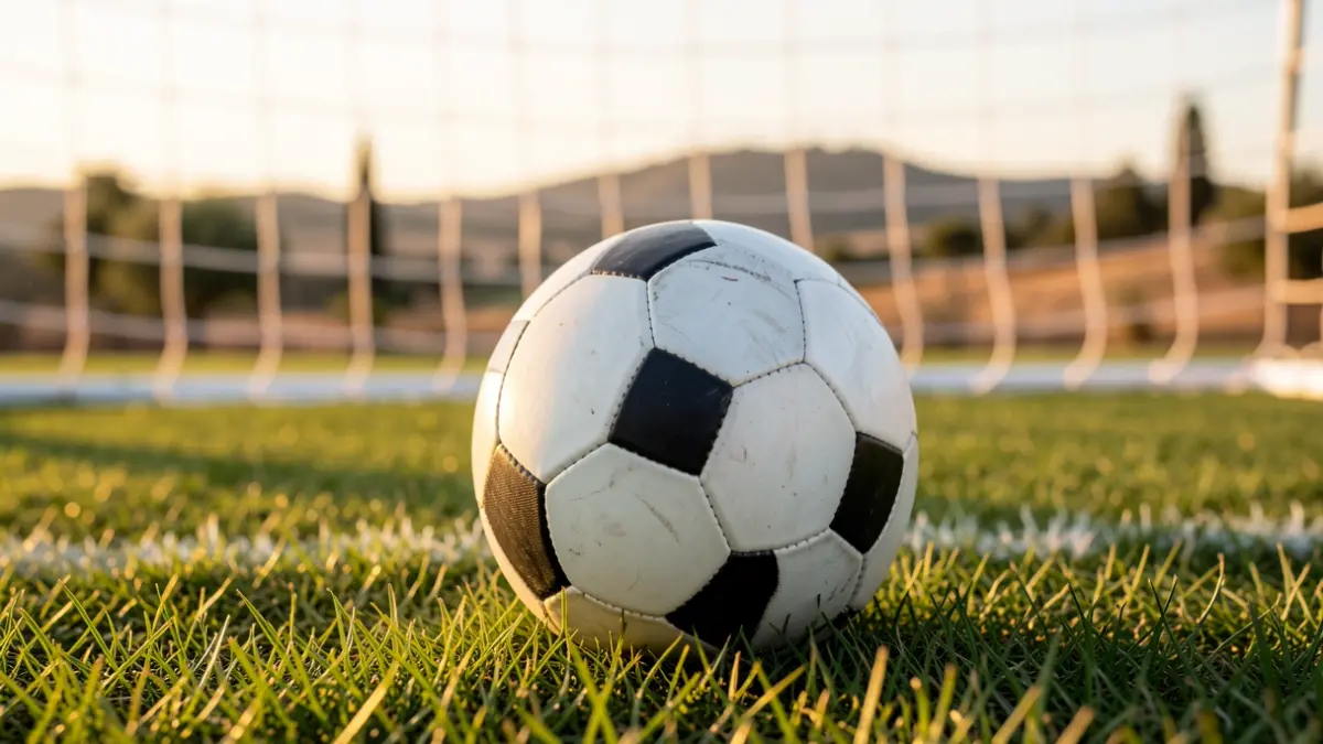 Generic image of a soccer ball on grass with a blurred goal net at sunset.