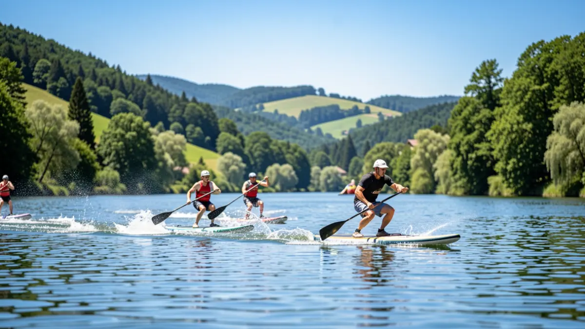 Generic image of a paddle surf competition on a reservoir.