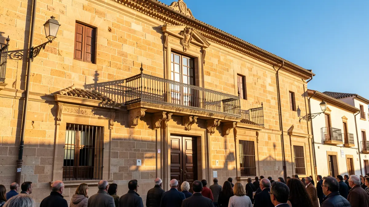 Fachada de un ayuntamiento andaluz con balcón y barandillas de hierro, bajo la luz del sol de la tarde.