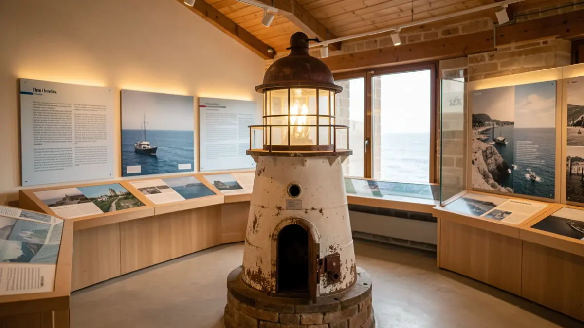 Lente de un antiguo faro en un centro de interpretación moderno en El Rompido, Huelva.