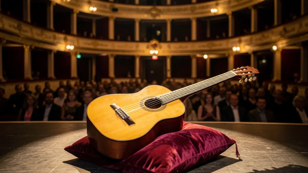Imagen genérica de una guitarra clásica en un escenario.