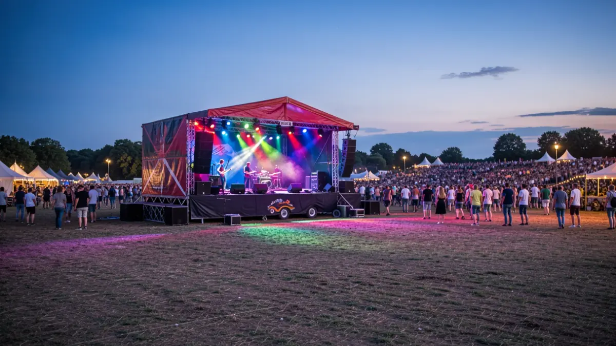 Outdoor music festival stage with a truck as a platform, colorful lights, and blurred audience.