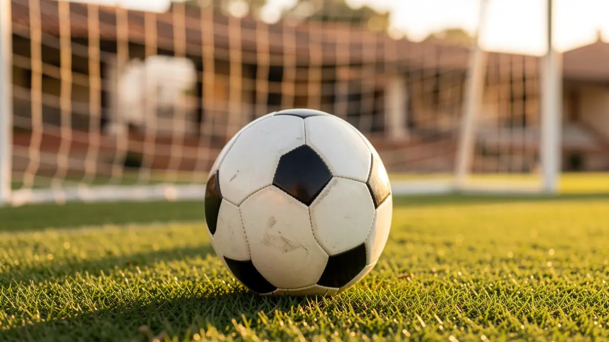 Generic image of a soccer ball on grass with a blurred goal net.