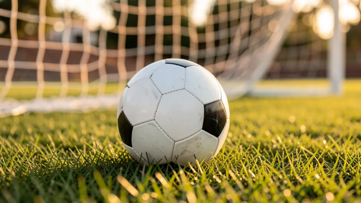 Generic image of a football on grass with the goal net blurred.