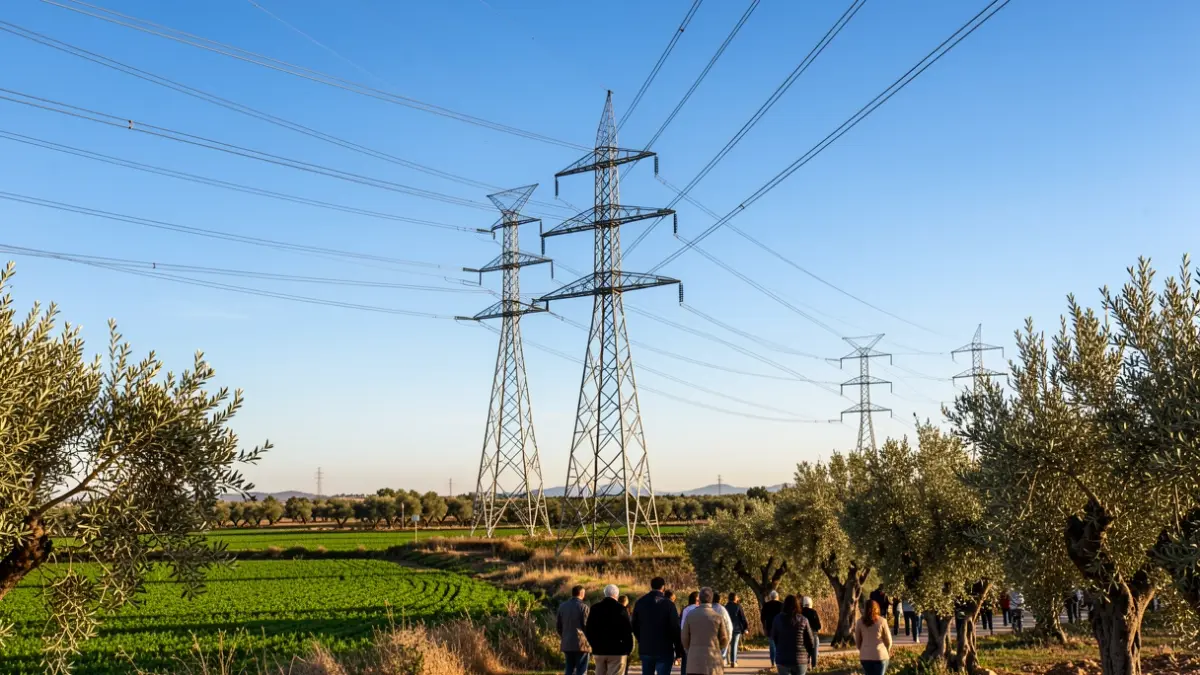 Generic image of high-voltage towers in a rural Andalusian landscape.