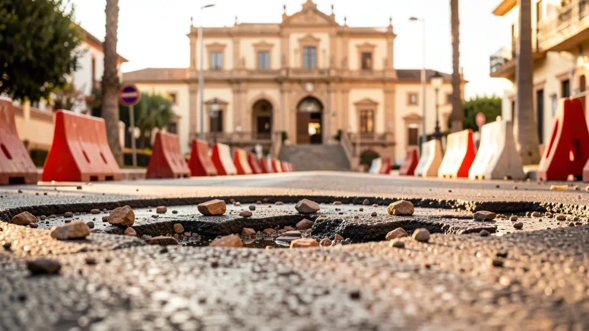 Generic image of a damaged road and reconstruction works in an Andalusian municipality.