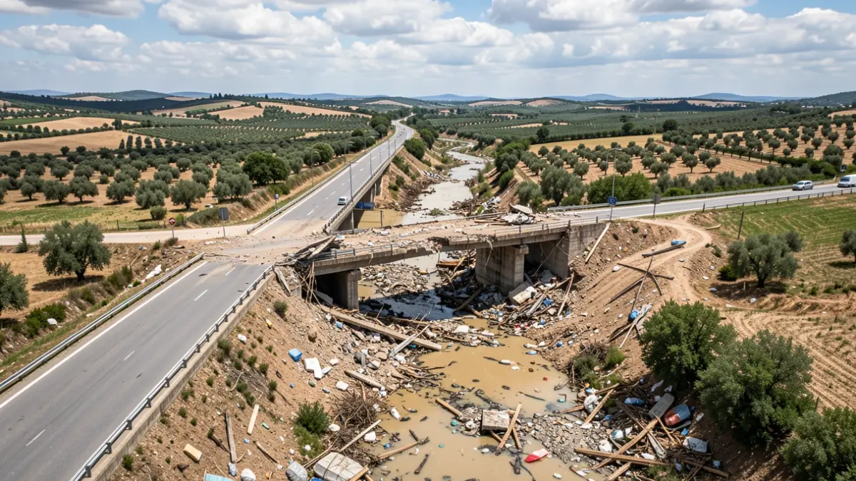 Vista aérea de una carretera y puente dañados tras una tormenta en un paisaje mediterráneo.