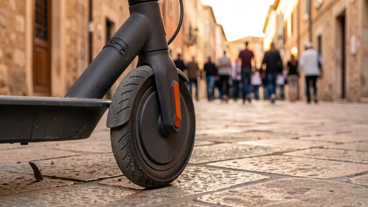 Generic image of an electric scooter wheel parked on a stone sidewalk in warm light.