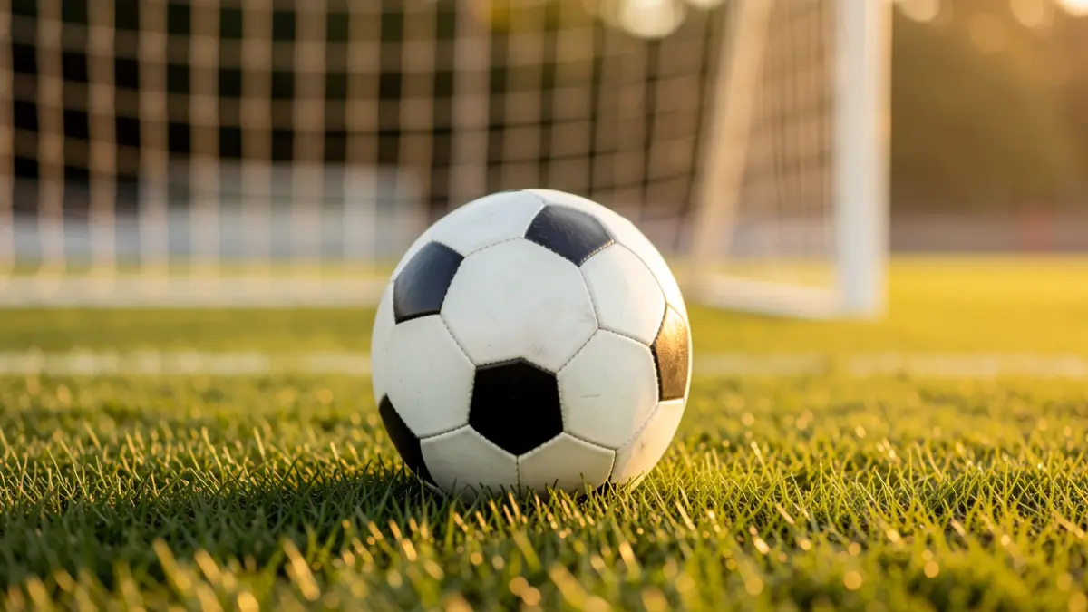 Generic image of a soccer ball on grass with the goal net blurred.