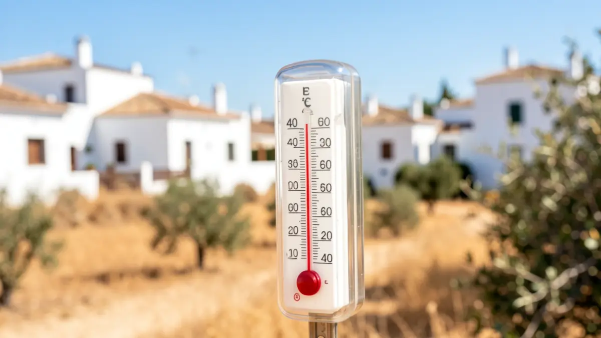 Termómetro marcando alta temperatura en un paisaje andaluz soleado.