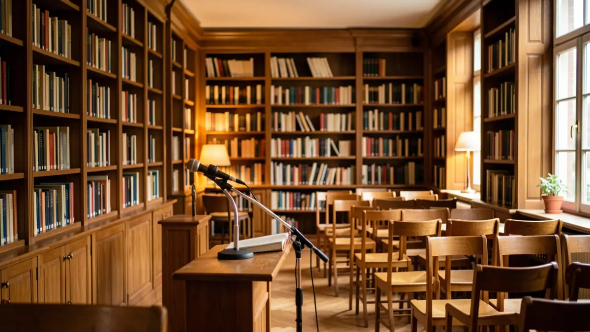 Generic image of a cultural stage with a microphone and cozy atmosphere.
