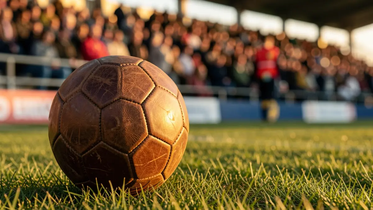 Imagen genérica de un balón de fútbol antiguo sobre el césped de un estadio.