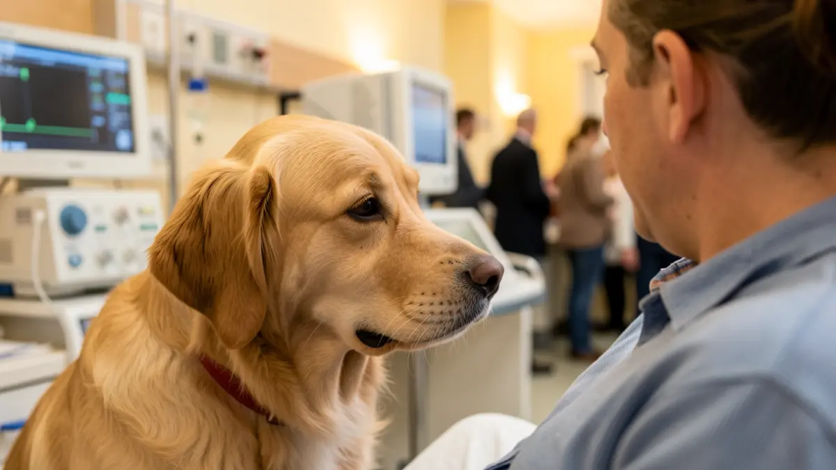 Imagen de un perro terapeuta interactuando con un paciente en un hospital.