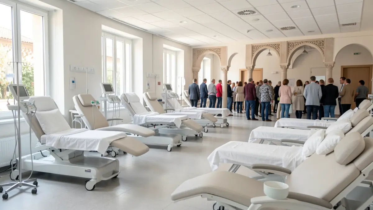 Generic image of a modern hospital day unit with treatment chairs and beds.