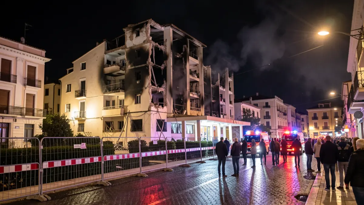 Imagen genérica de un edificio de hotel parcialmente demolido tras un incendio, con luces de emergencia.
