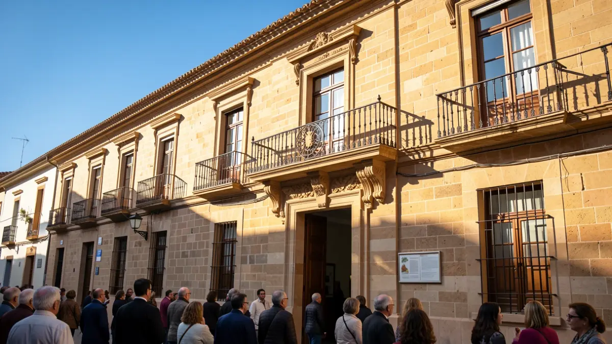 Generic image of the facade of an Andalusian town hall with a balcony and iron railings, under the afternoon sunlight.