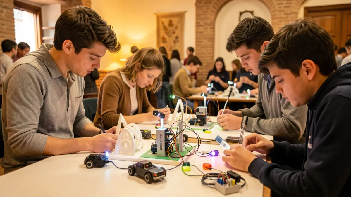 Imagen de estudiantes trabajando en un proyecto tecnológico interdisciplinar en un aula.