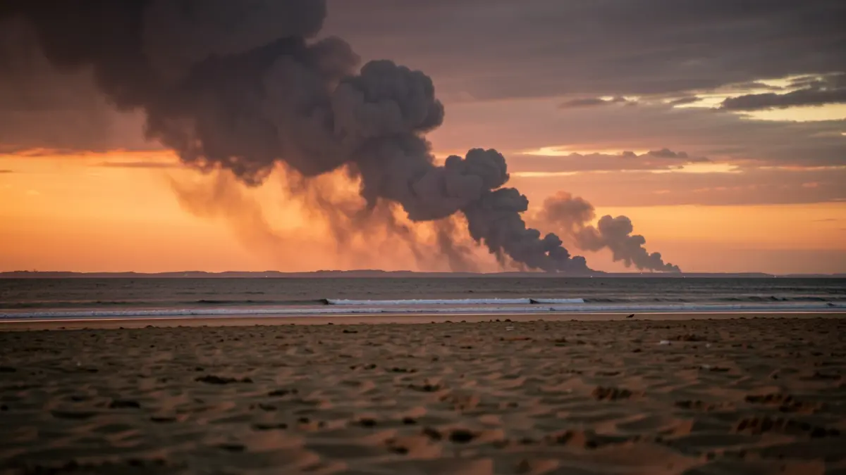 Columnas de humo de un incendio forestal vistas desde la playa de Mazagón.