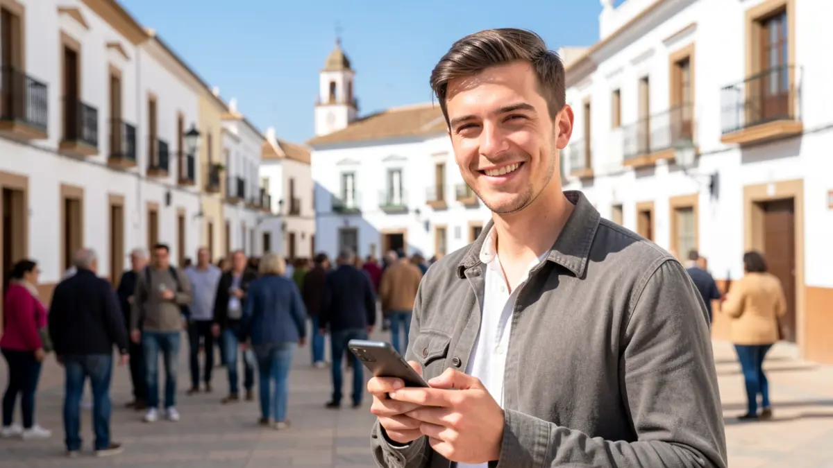 Imagen genérica de un joven influencer con un smartphone frente a una plaza andaluza.