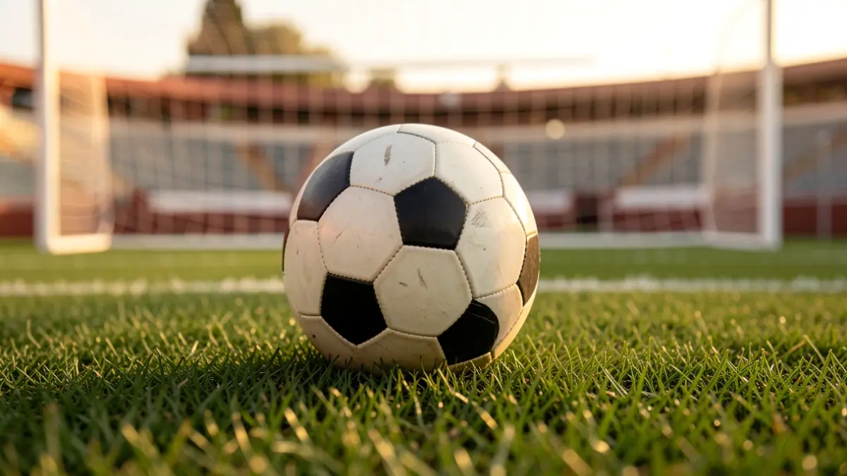 Generic image of a soccer ball on grass with the goal blurred in the background.