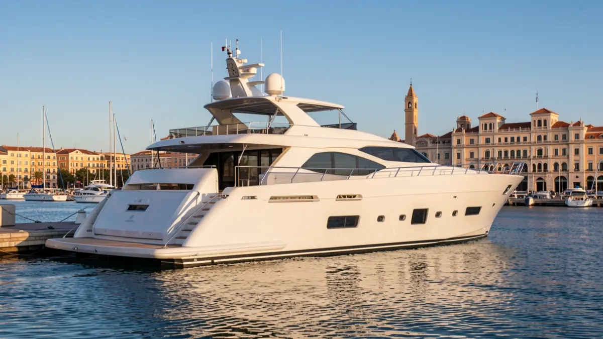 Image of a support yacht docked in the port of Málaga.