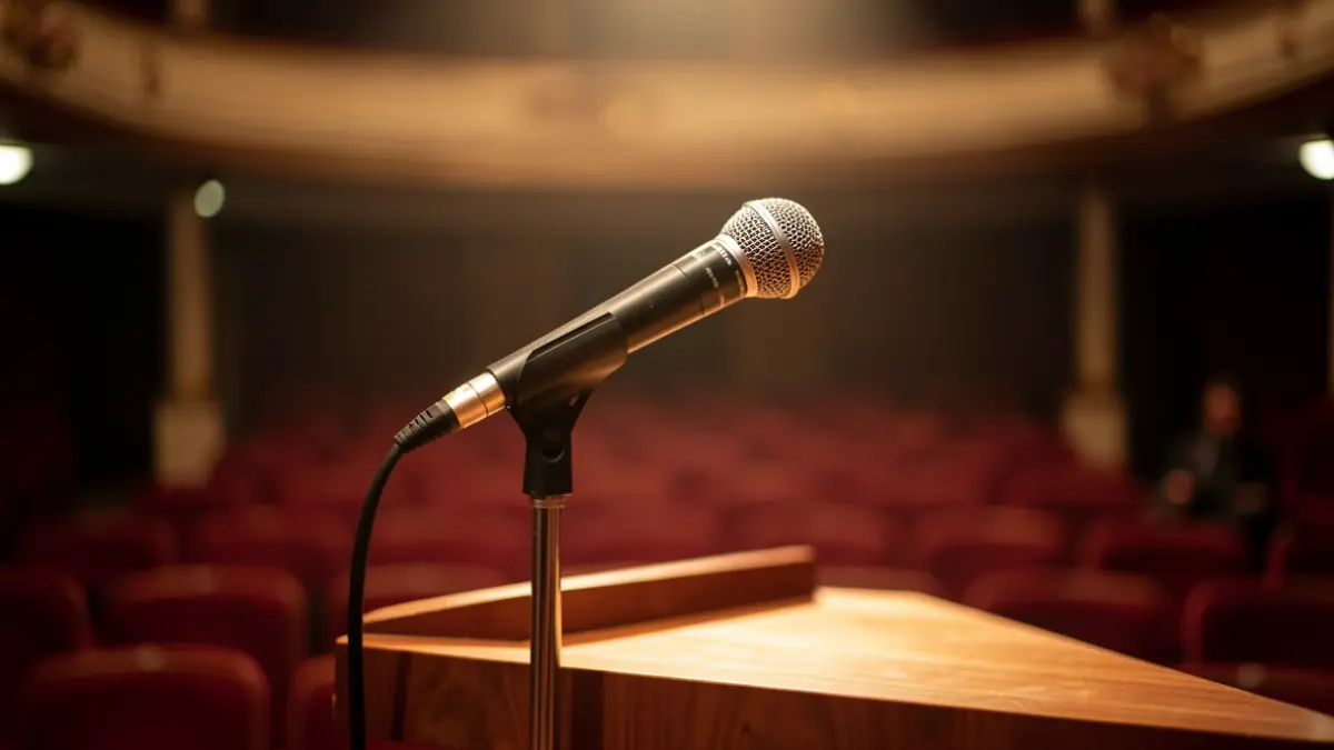 Generic image of a microphone on a theater stage.