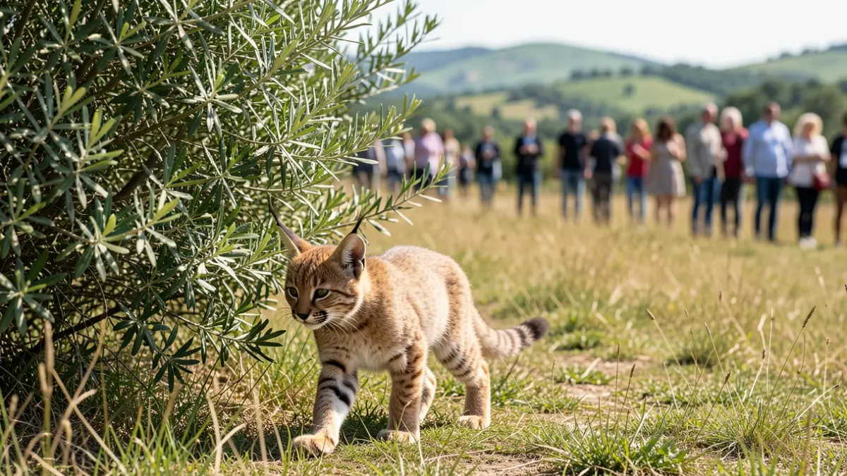 Un joven lince ibérico sale de un arbusto hacia un prado soleado en el campo andaluz.