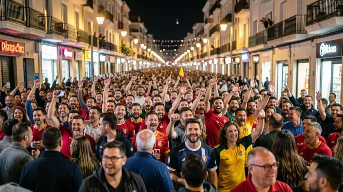 Generic image of fans celebrating their team's victory in the streets of Málaga at night.